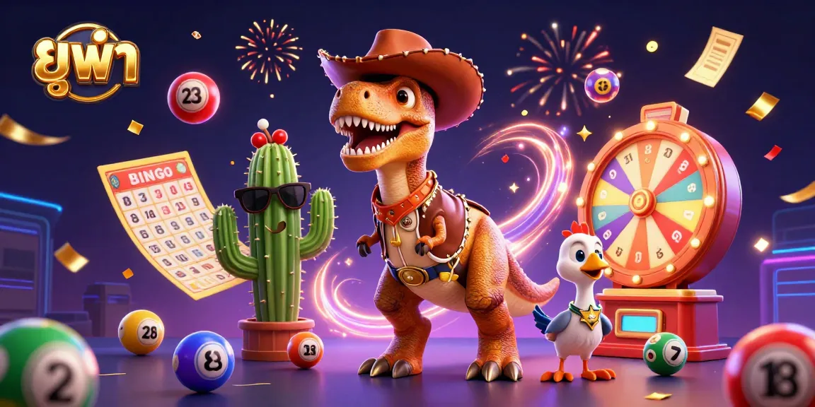 Experience the excitement of ยูฟ่า with a vibrant illustration showcasing a T-Rex cowboy, a cactus sidekick, and dynamic gambling elements.