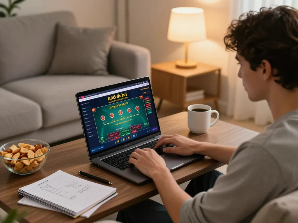 Engaged player using a laptop to strategize at a leading nhà cái platform with warm home lighting.