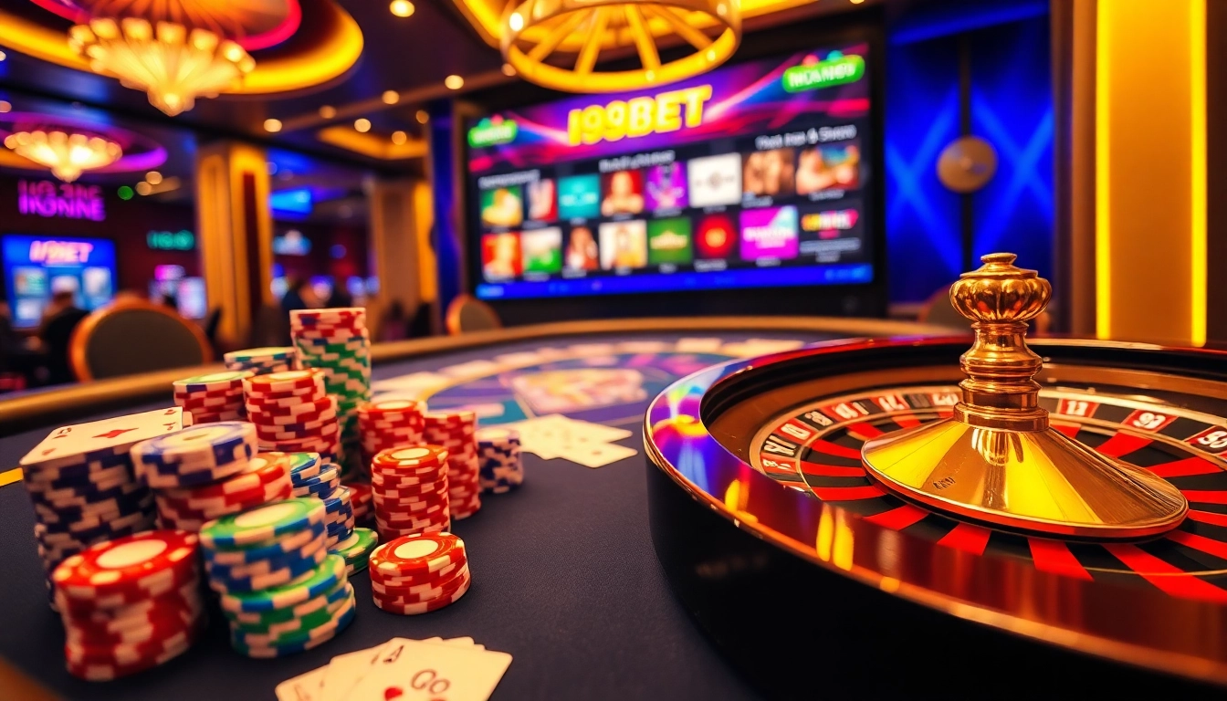 I9BET gaming table with vibrant poker chips, cards, and a roulette wheel, showcasing luxury and excitement.
