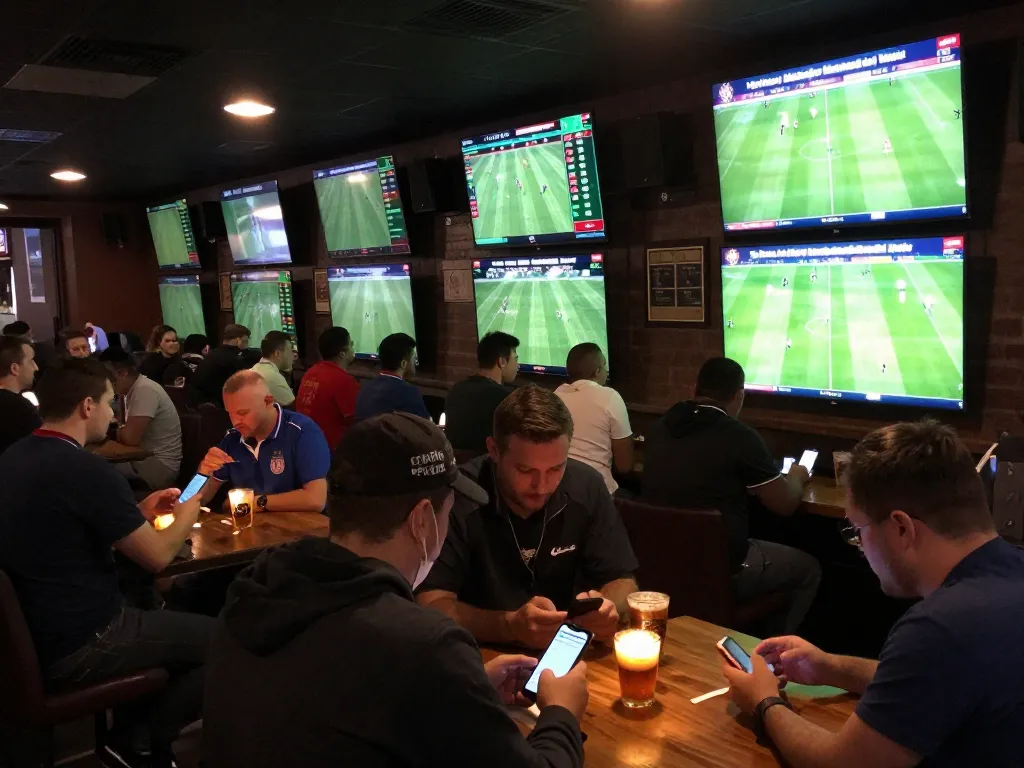Suasana bar olahraga yang menarik dengan pengunjung melakukan taruhan pada skor langsung SPBO saat pertandingan sepak bola