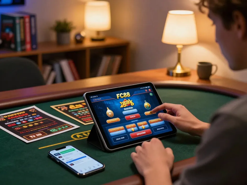 Player enjoying strategic gameplay on FC88 casino app with tablet and betting notes.