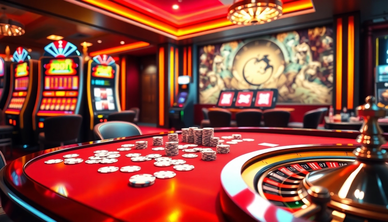 Experience the excitement on trang chủ sunwin with a vibrant casino scene featuring poker chips and slot machines.