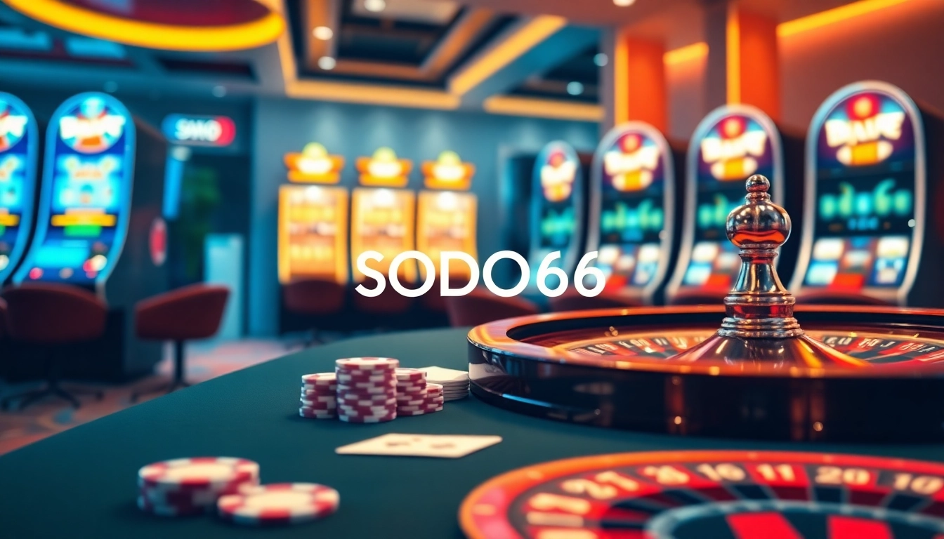 Experience the thrill of SODO66 online betting with vibrant casino visuals and dynamic gaming elements.