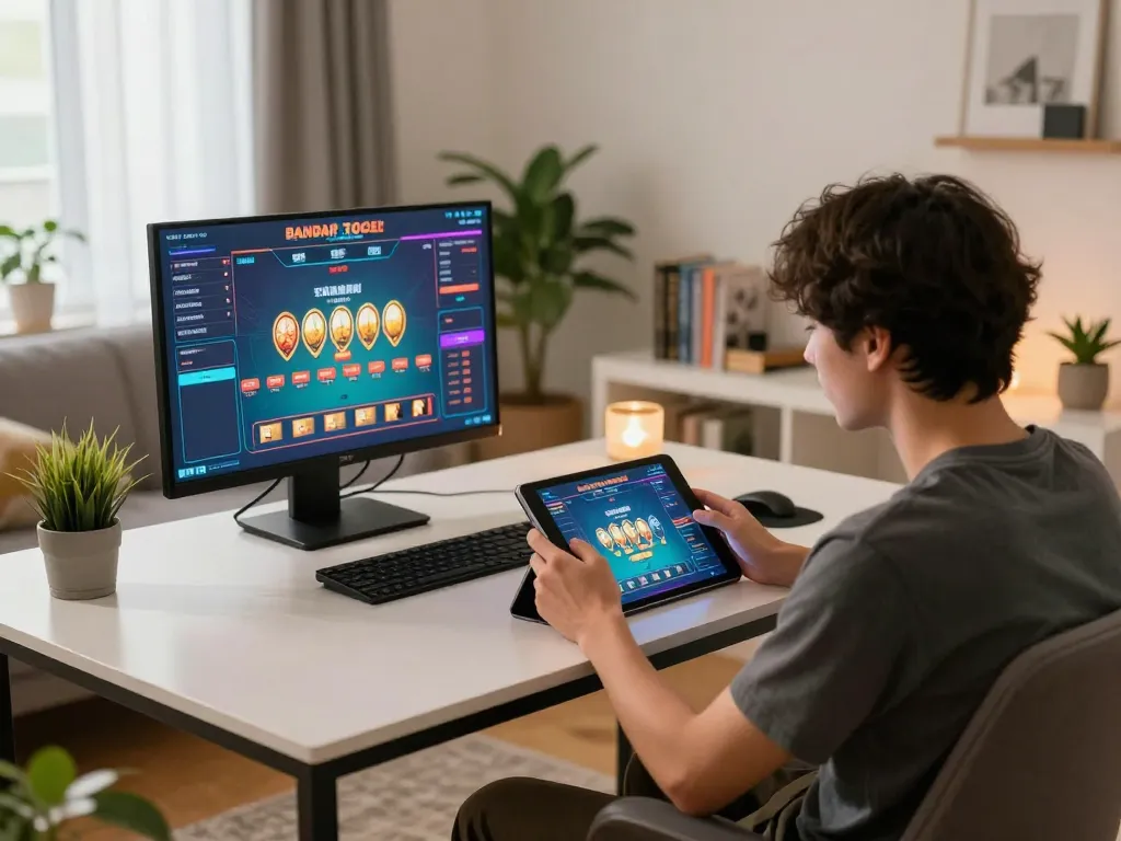 Engaged player enjoying bandar togel online on a tablet in a cozy home setting.