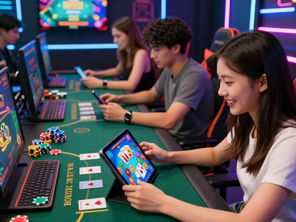 Engaging hitclub online gaming experience with diverse players on smartphones and tablets in a vibrant setting.