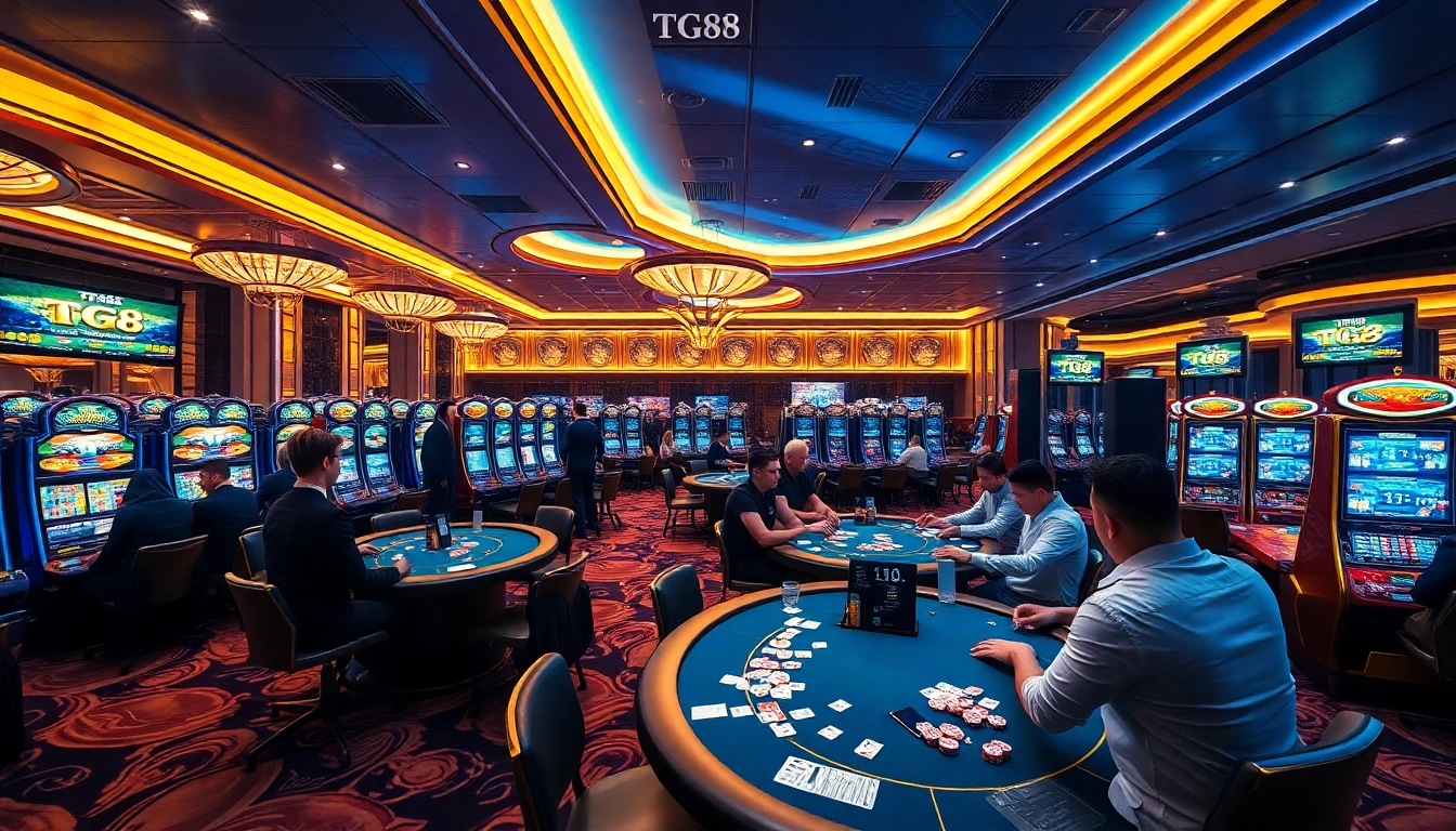 Engaged players enjoying games at TG88 casino with vibrant slot machines and colorful tables.