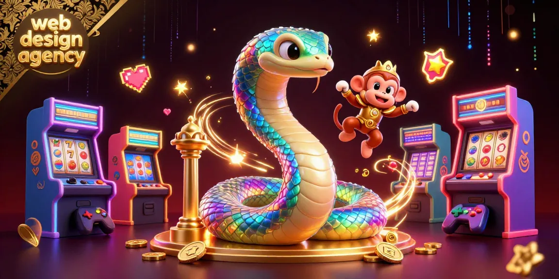 A vibrant casino-themed illustration showcasing a web design agency with characters engaging in interactive slot games.