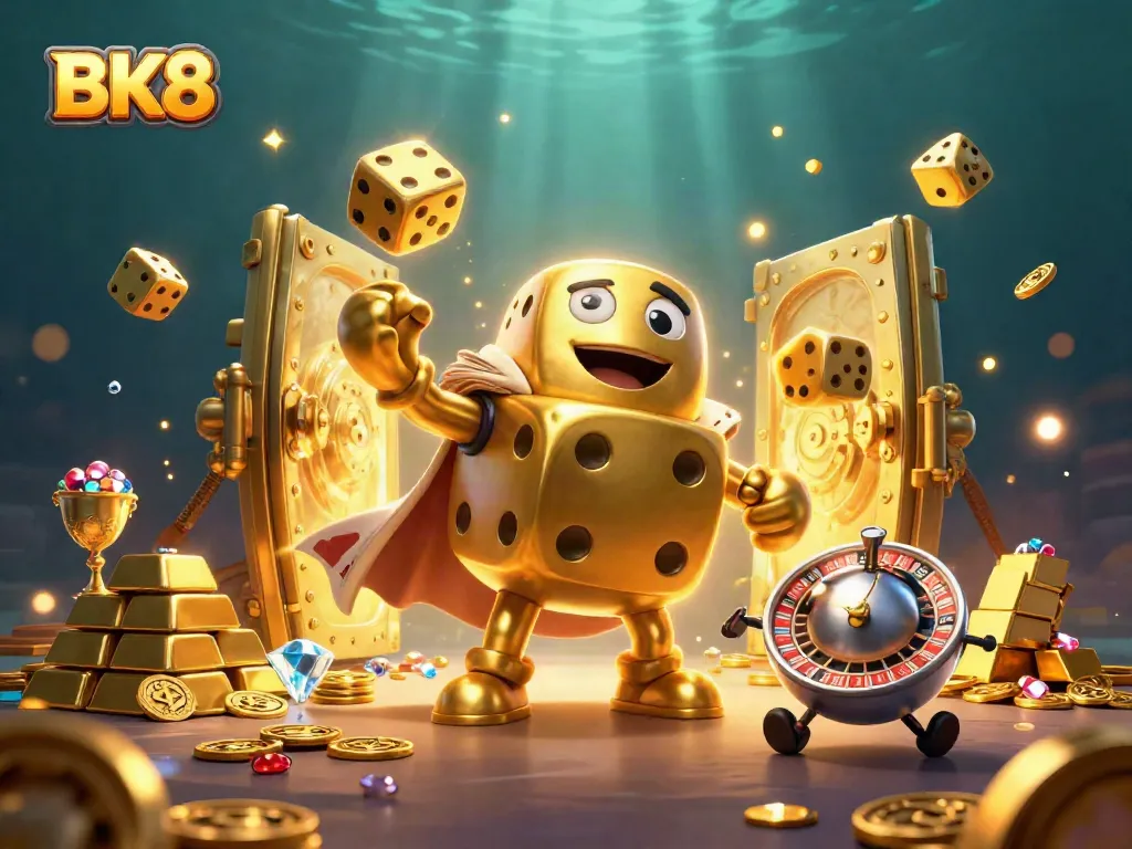 Join BK8 with an exciting scene featuring a golden dice golem and a roulette-ball head, showcasing vibrant casino elements.