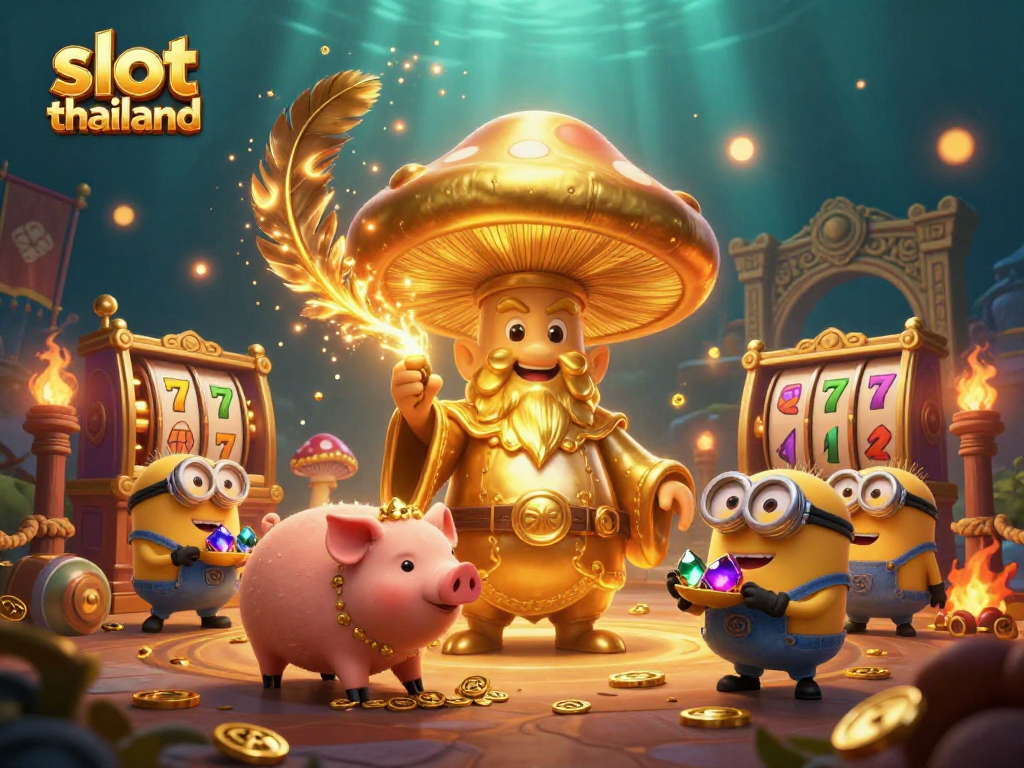 Play exciting slot thailand games with a golden mushroom wizard and treasures surrounding the scene.