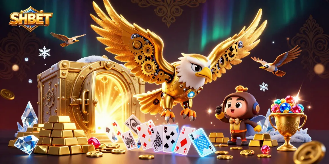 Experience thrilling action with SHBET's golden eagle soaring amidst vibrant gaming elements.