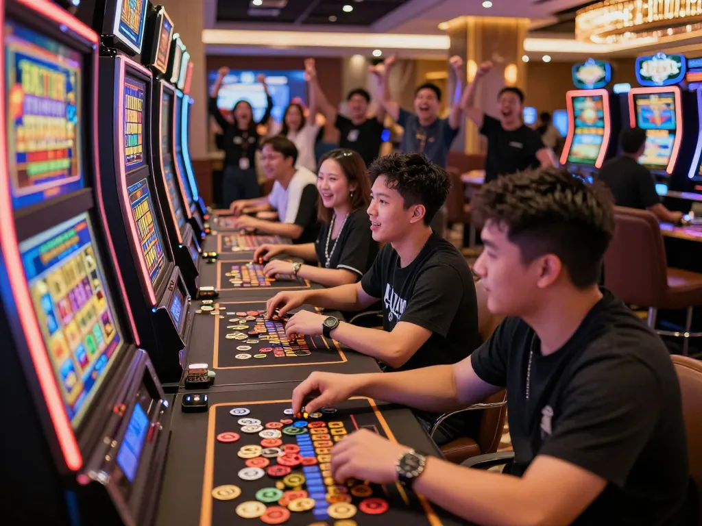 Engaged players enjoying slot gacor hari ini in a vibrant casino lounge filled with excitement and energy