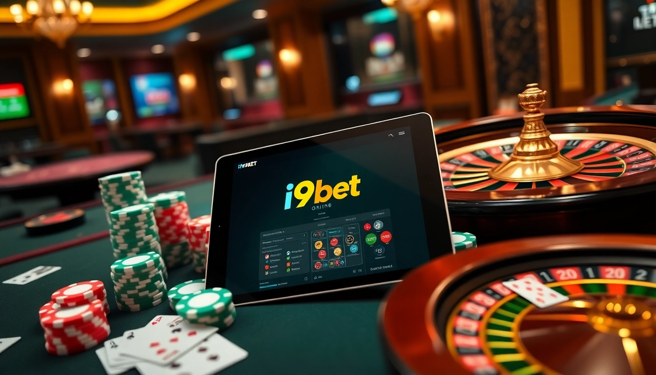 Experience thrilling gaming with i9bet's vibrant interface, poker chips, and exciting casino elements.