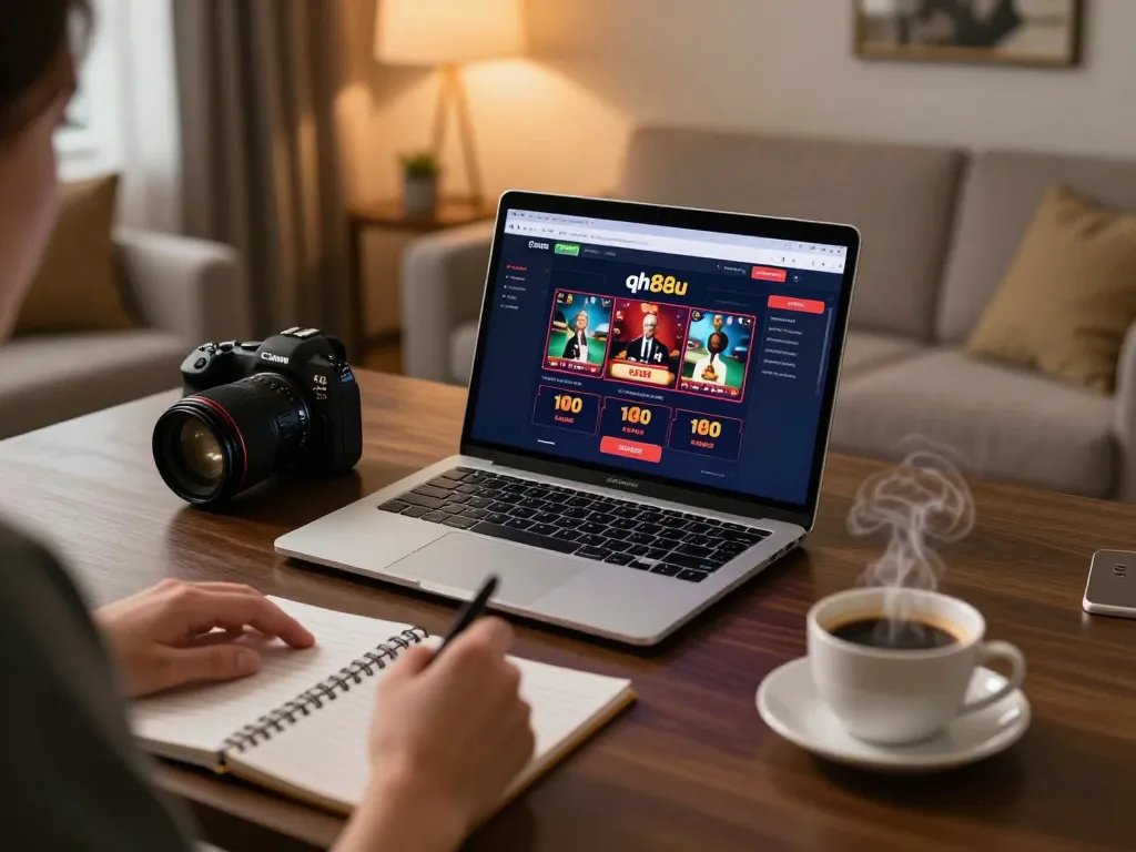 Engaging with qh88eu casino games on a stylish home desk setup for strategic gameplay.