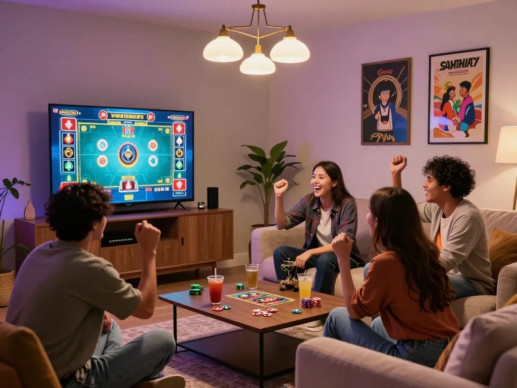 Friends enjoying an evening playing online games on a big screen, celebrating sunwin uy tín.