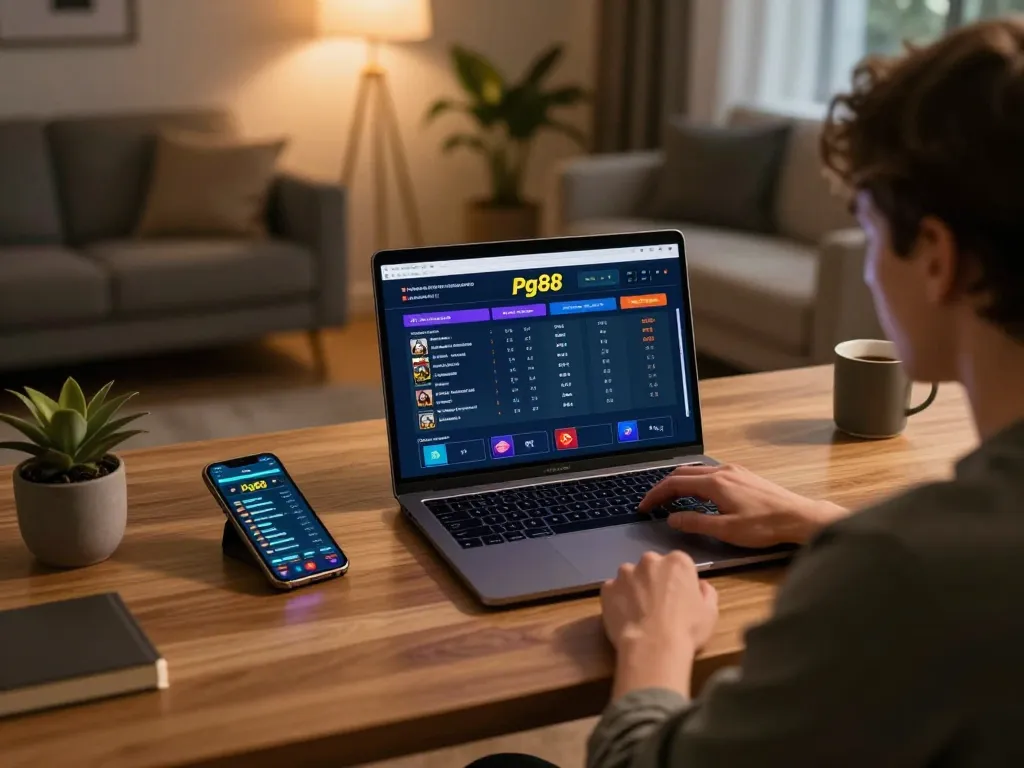 Engaging in pg88 sports betting from a stylish home office setup with a laptop and smartphone
