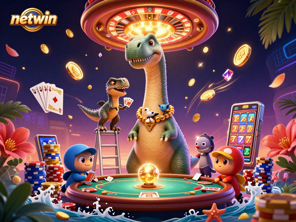 Engage with netwin's vibrant casino excitement through a whimsical dinosaur-themed digital illustration.