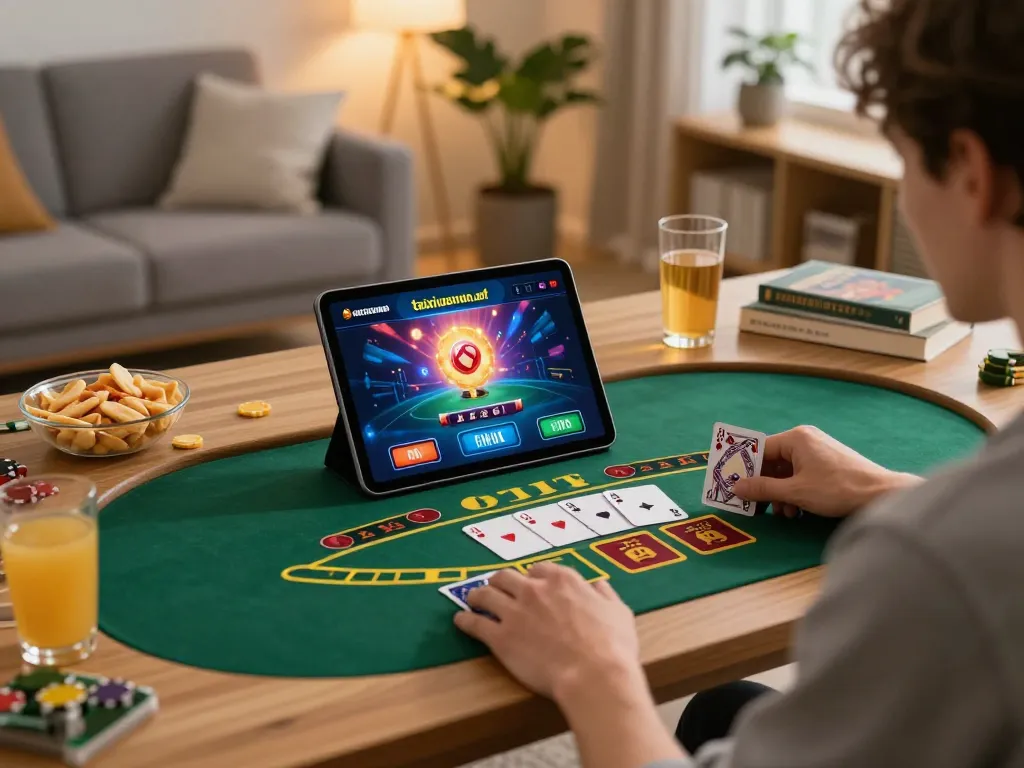 Engaging in live dealer blackjack on taixiusunwin.art mobile app with warm home lighting.