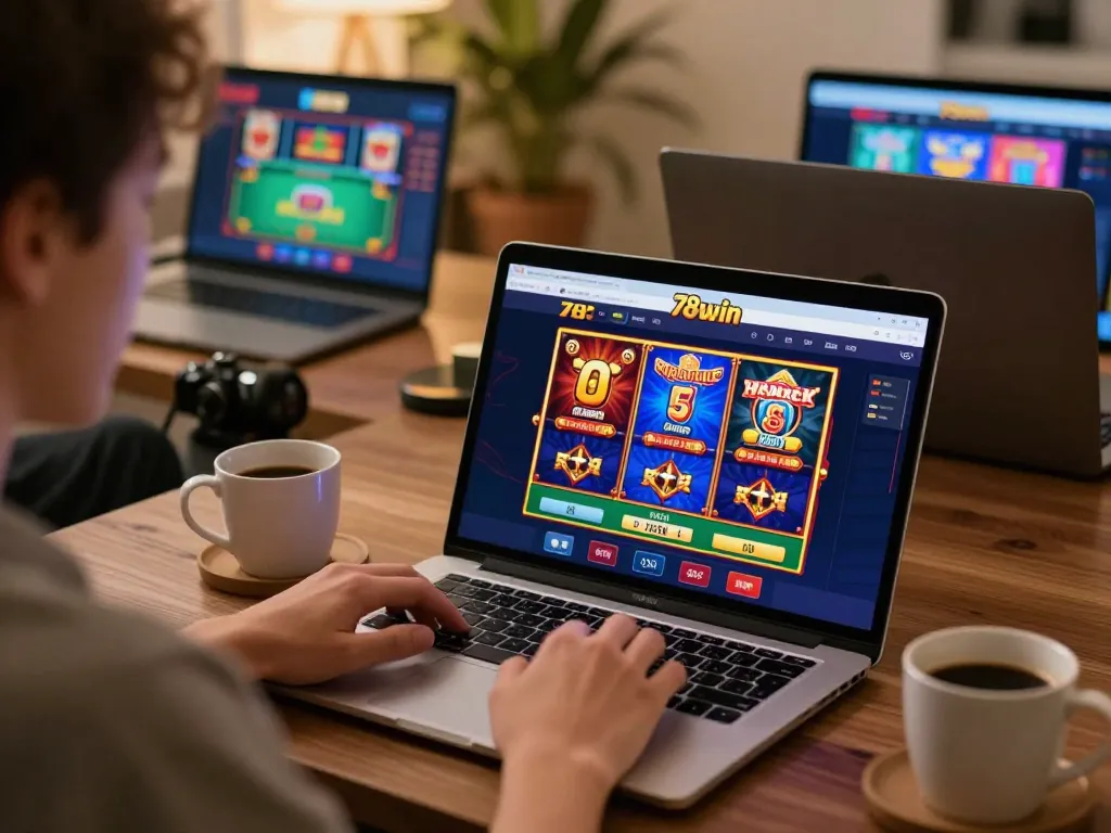 Experience thrilling online gaming at 78win with an engaging setup featuring vibrant casino games.