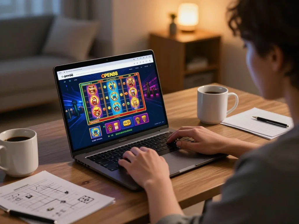 Engaging with open88 on a laptop in a cozy home office, showcasing online gambling strategy.