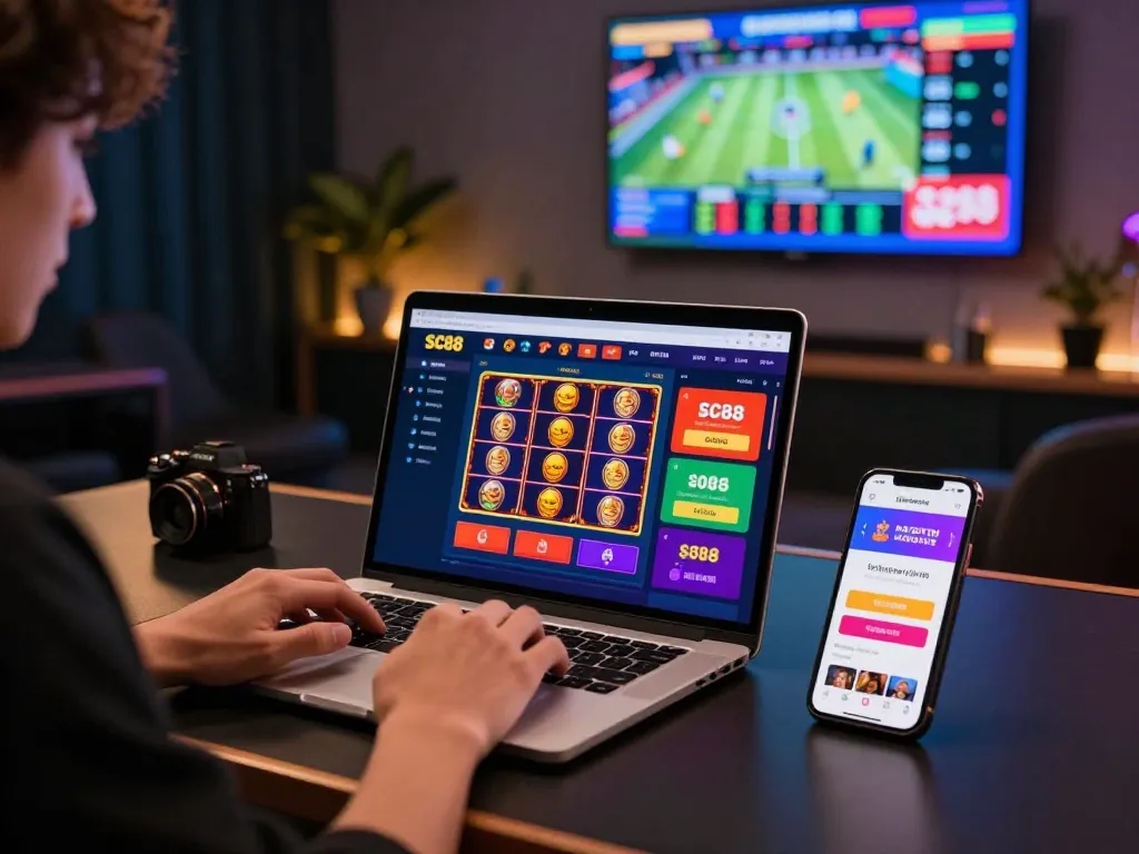 Interactive gaming scene featuring SC8888 online platform on laptop and smartphone.