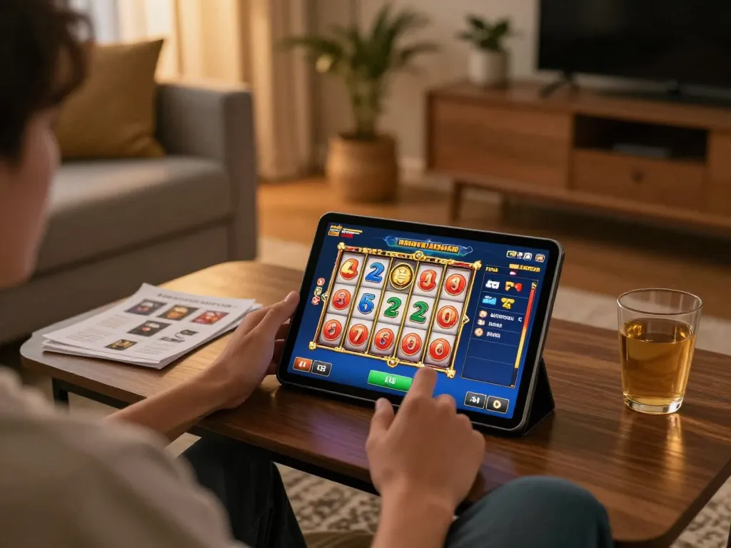 Permainan yang menarik di slot dalam talian Malaysia ketika pemain memutar gulungan di tablet dalam suasana rumah yang selesa.