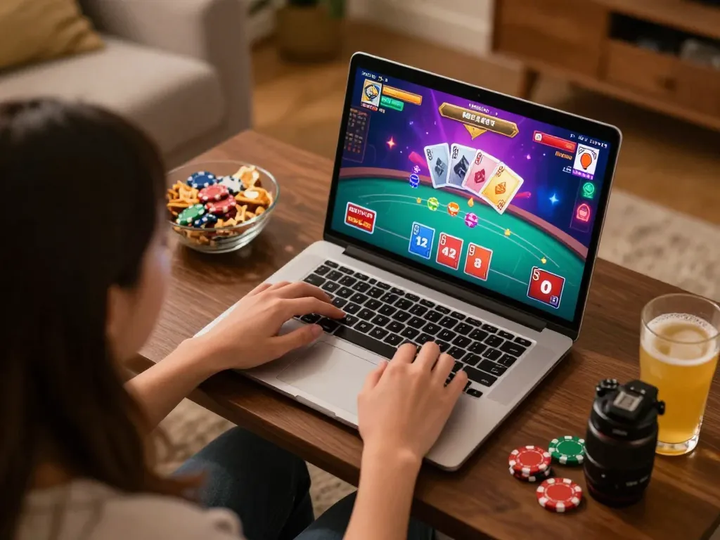 Player enjoying god55 online casino experience on a laptop at home with poker game interface.