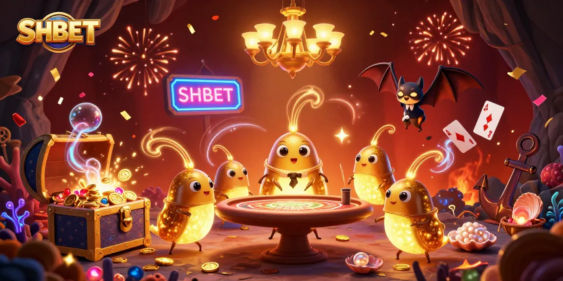 SHBET illuminates a vibrant 3D casino scene with glowworms, gold coins, and a bat dealer.
