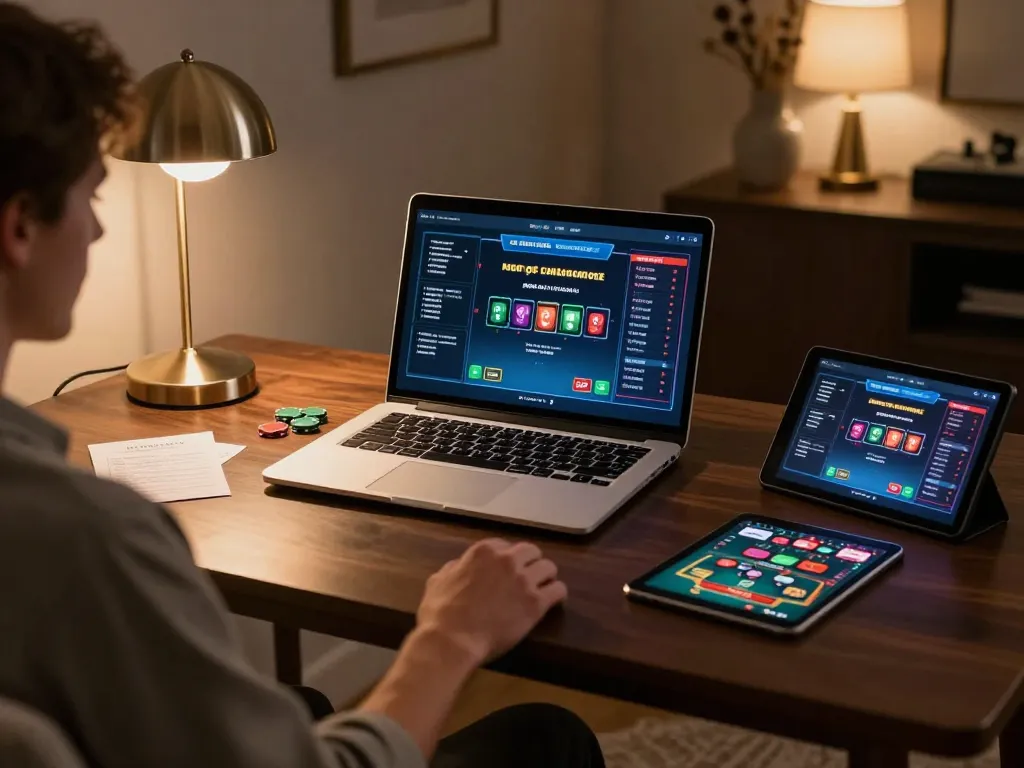 KONG88 engaging in strategic online poker gaming from a stylish home setup, analyzing odds and strategies.