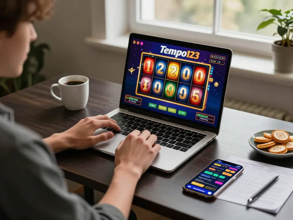 Pemain yang terlibat menikmati Slot Tempo123 di laptop dalam suasana rumah yang nyaman.