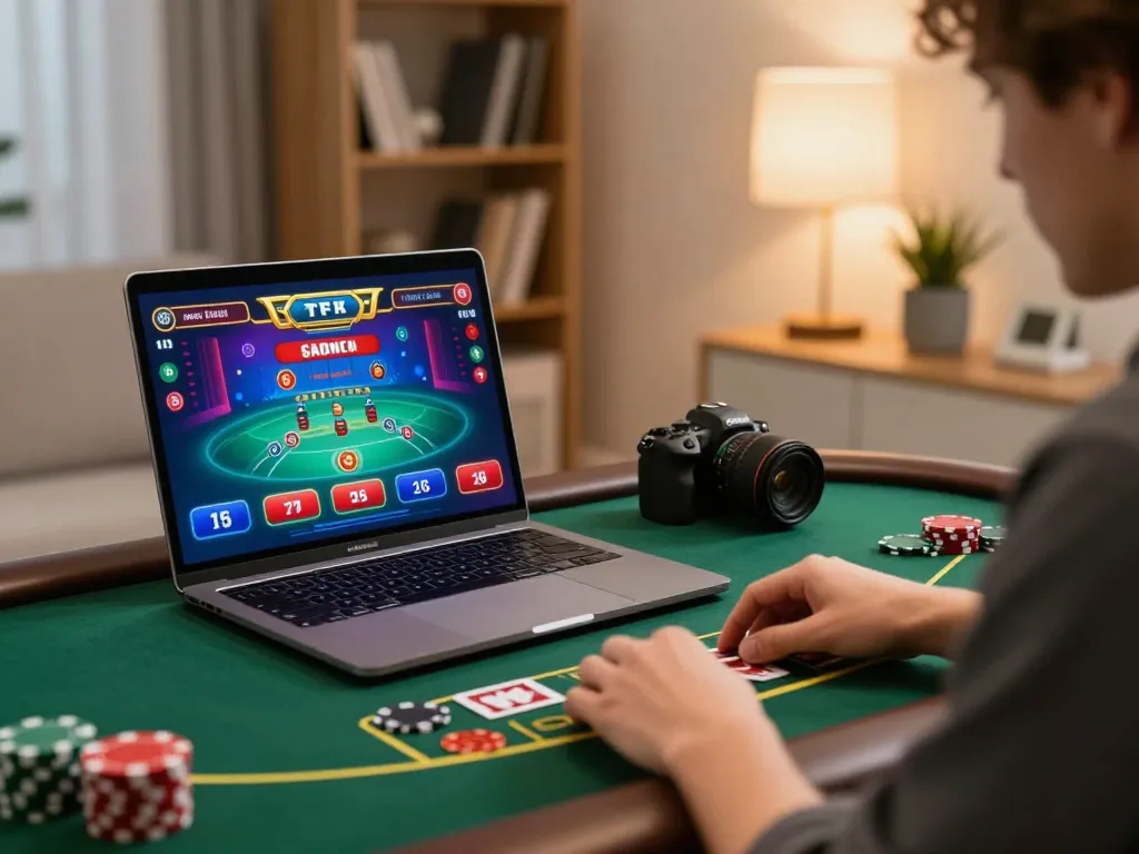 Player enjoying du88 live dealer blackjack on a laptop, showcasing strategic gameplay in a cozy home setting