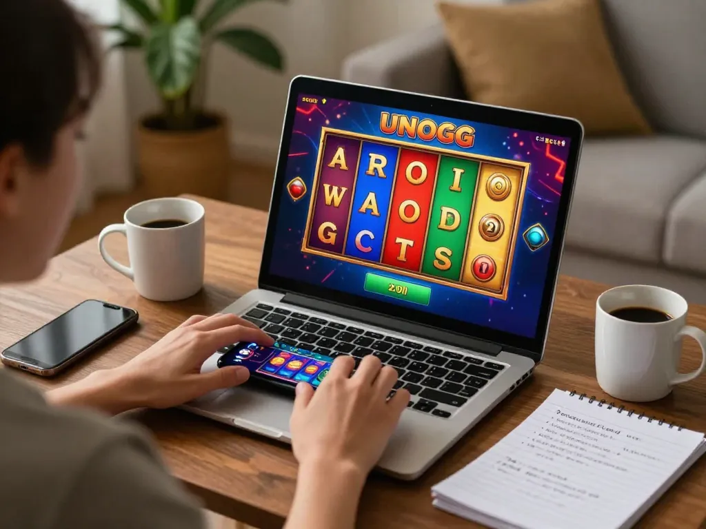 Engaging in unogg slot gaming on laptop at home setup, showing colorful slot interface.