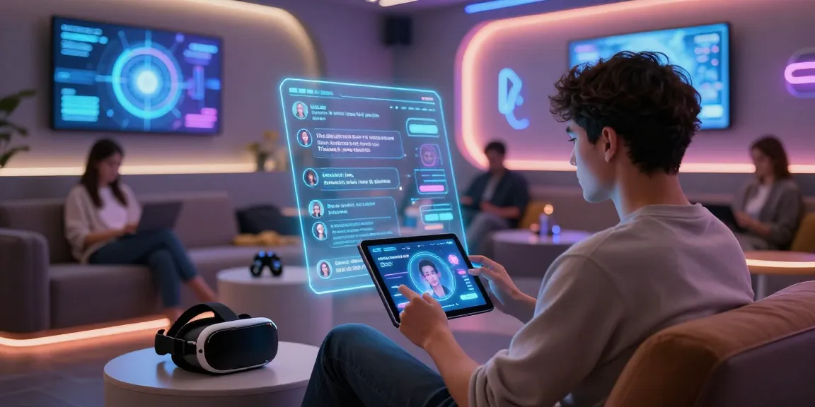 Interactive AI NSFW chat experience in a futuristic lounge showcasing avatars and engaging surroundings.
