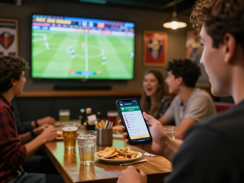 Betting on tỷ lệ kèo bóng đá trực tuyến while watching live sports, showcasing excitement and the social atmosphere.