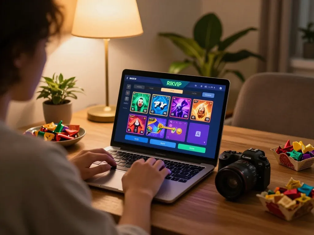 RIKVIP online gaming experience with user engaged on laptop showcasing vibrant game interface.