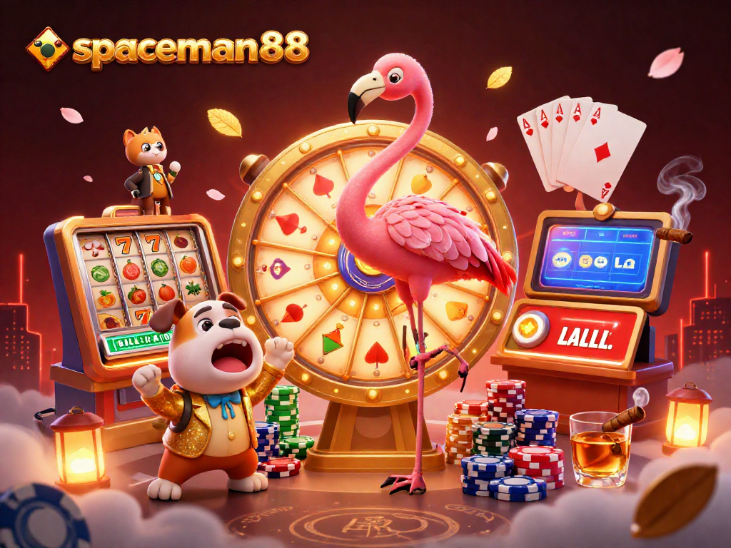 Spin the giant prize wheel with spaceman88 at an exciting casino scene featuring vibrant gambling elements.