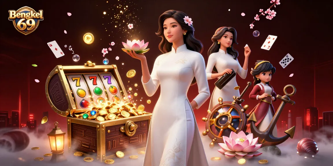Bengkel 69's stunning slot gaming scene featuring a graceful Asian woman surrounded by vibrant game elements.