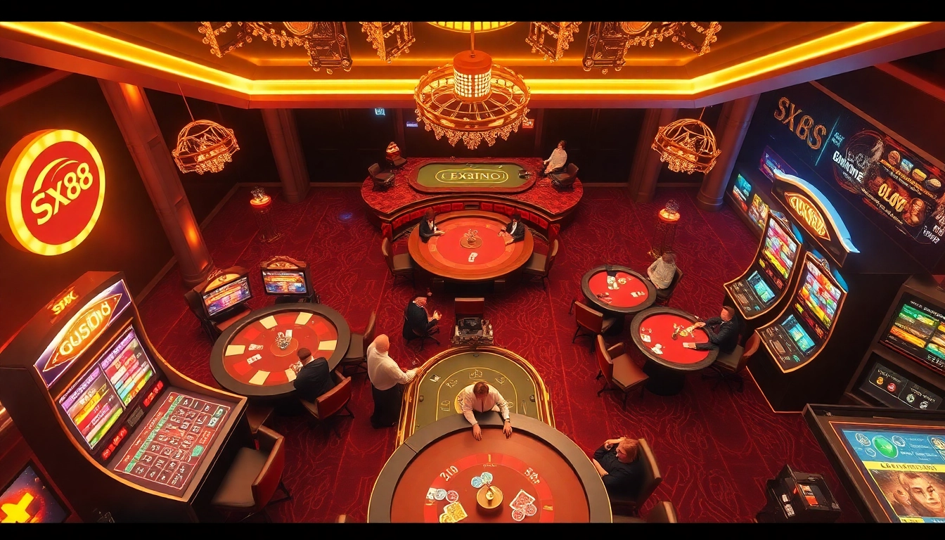 Excited gamblers engaging in various SX88 online casino games, showcasing vibrant tables and luxurious atmosphere.