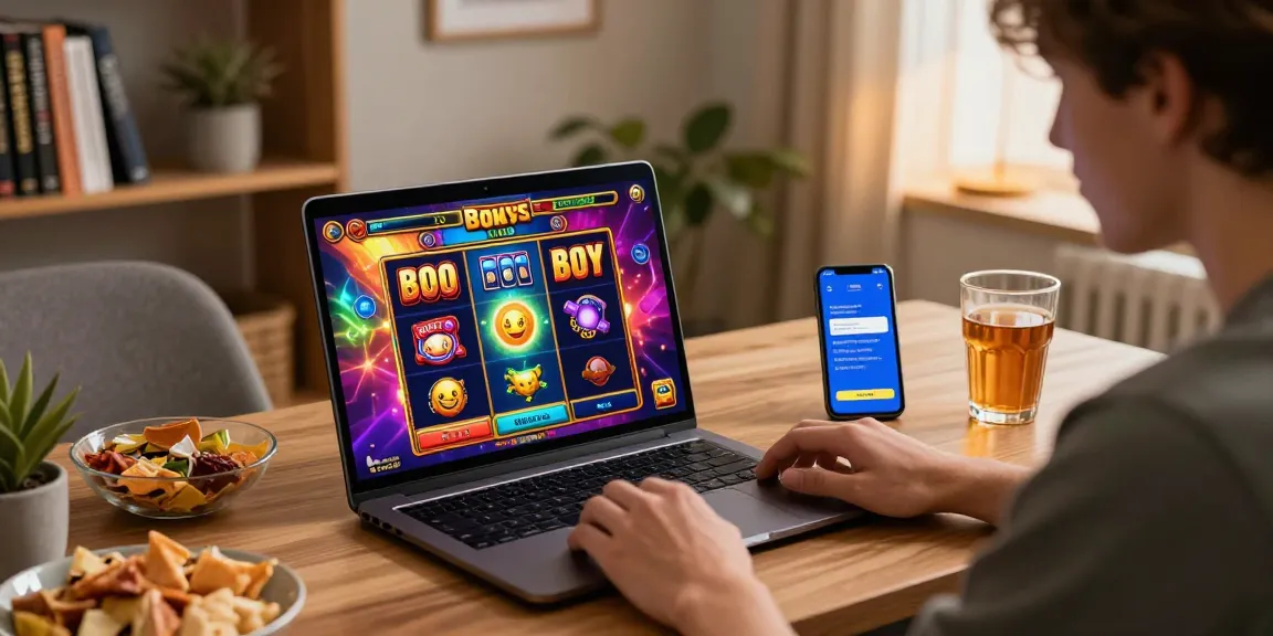 Engaging player enjoying bonus buy slots experience on laptop in cozy home environment.