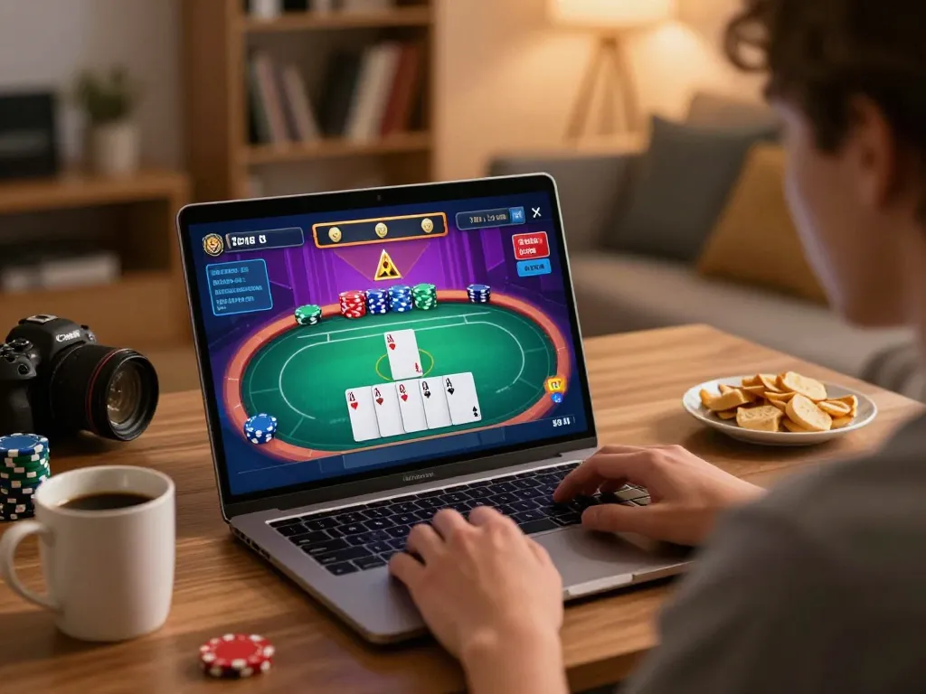 Tg88 player strategizing online poker in cozy home setting with laptop and snacks.