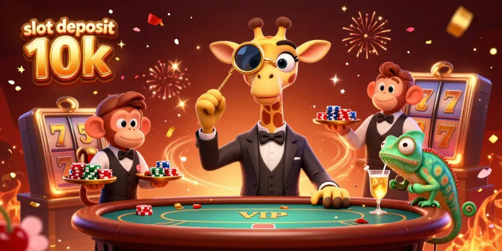 Permainan yang menampilkan slot deposit 10k dengan karakter kasino dan elemen kontras yang kaya.