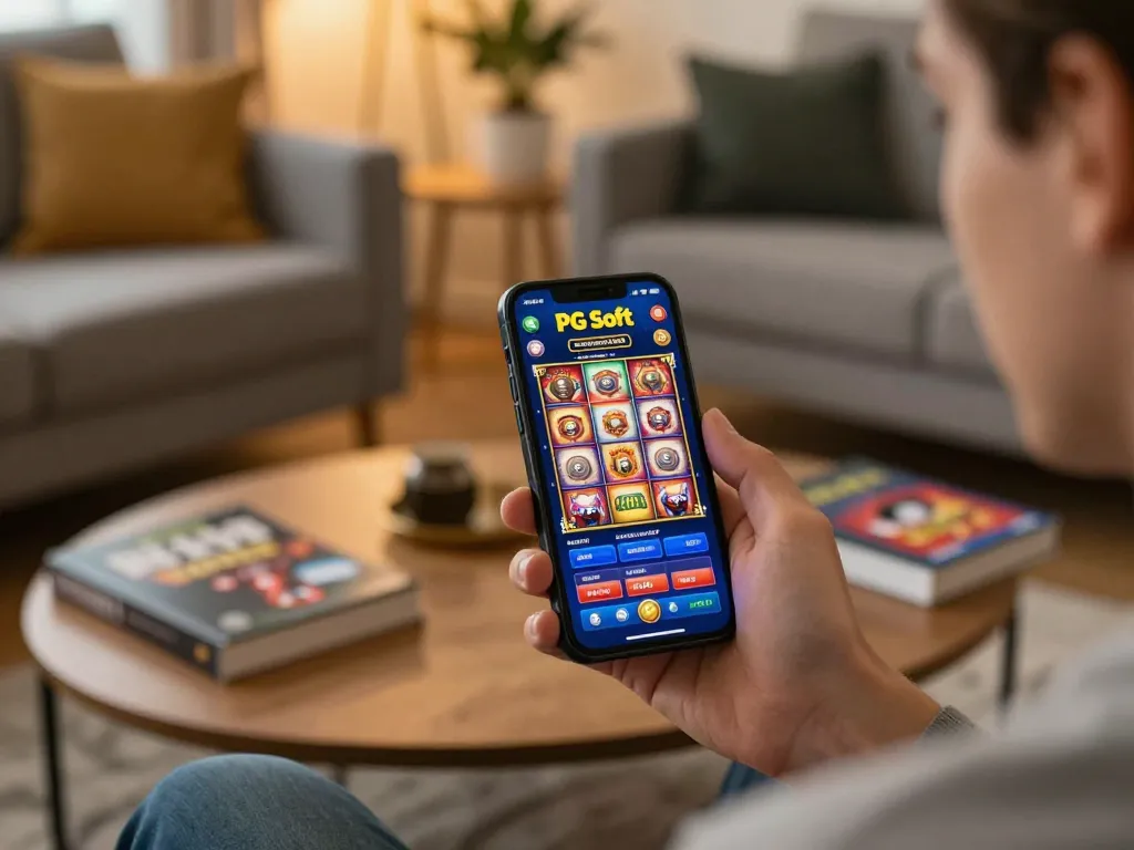 Pemain menikmati slot PG Soft di smartphone dalam suasana rumah yang nyaman, sorotan strategi permainan.