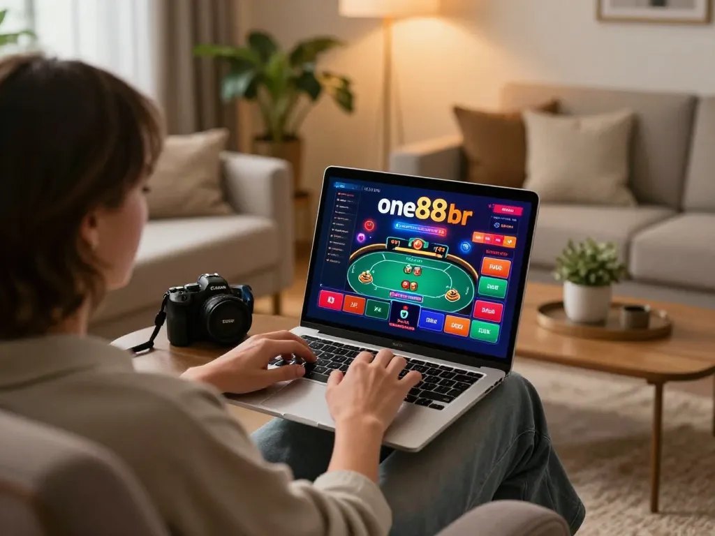 Player engaging with one88br online casino on a laptop in a cozy home environment.