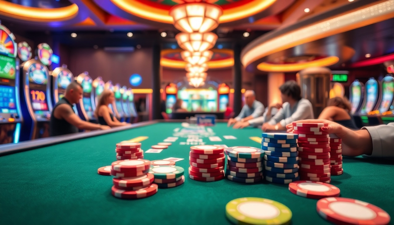 AT99 casino gaming excitement, vibrant atmosphere with players at the table.