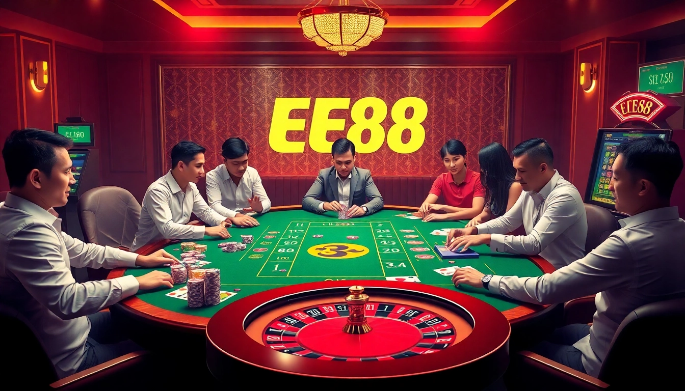 Play exciting games at the EE88 casino table with vibrant chips and dynamic betting scenes.