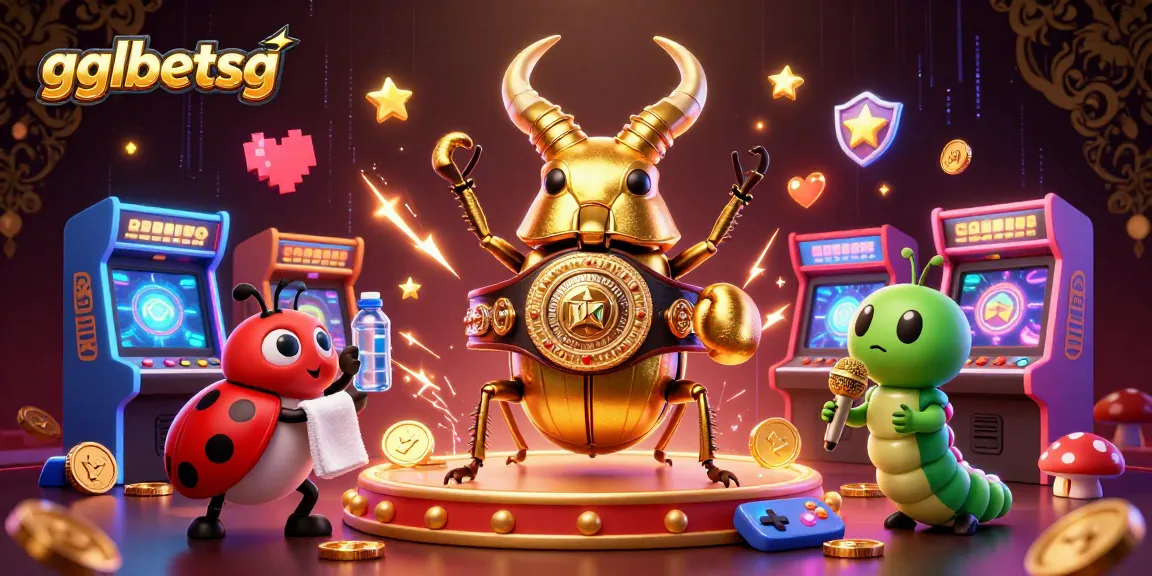 gglbetsg features a vibrant 3D scene of a giant golden stag beetle boxing, enhancing esports betting excitement.