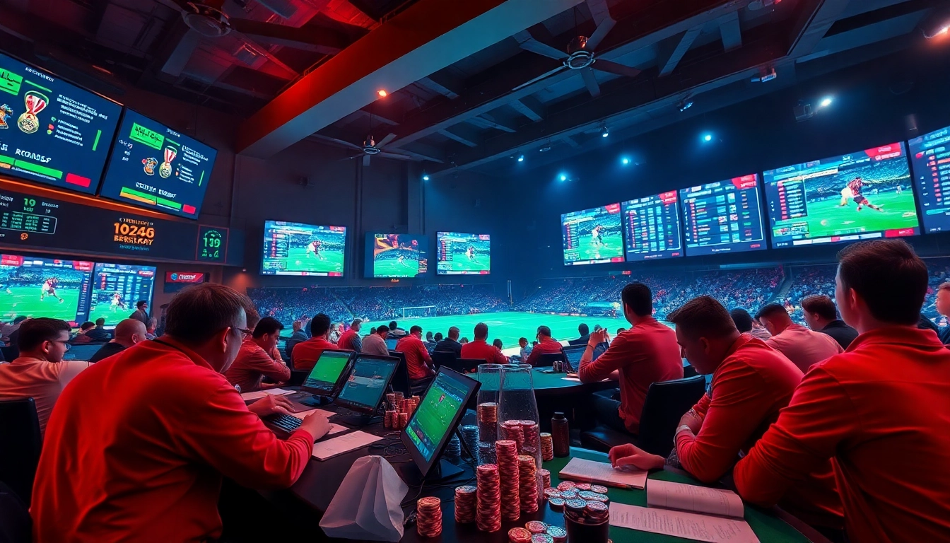 Engaged bettors placing wagers on Judi Bola Resmi in a lively sportsbook atmosphere.
