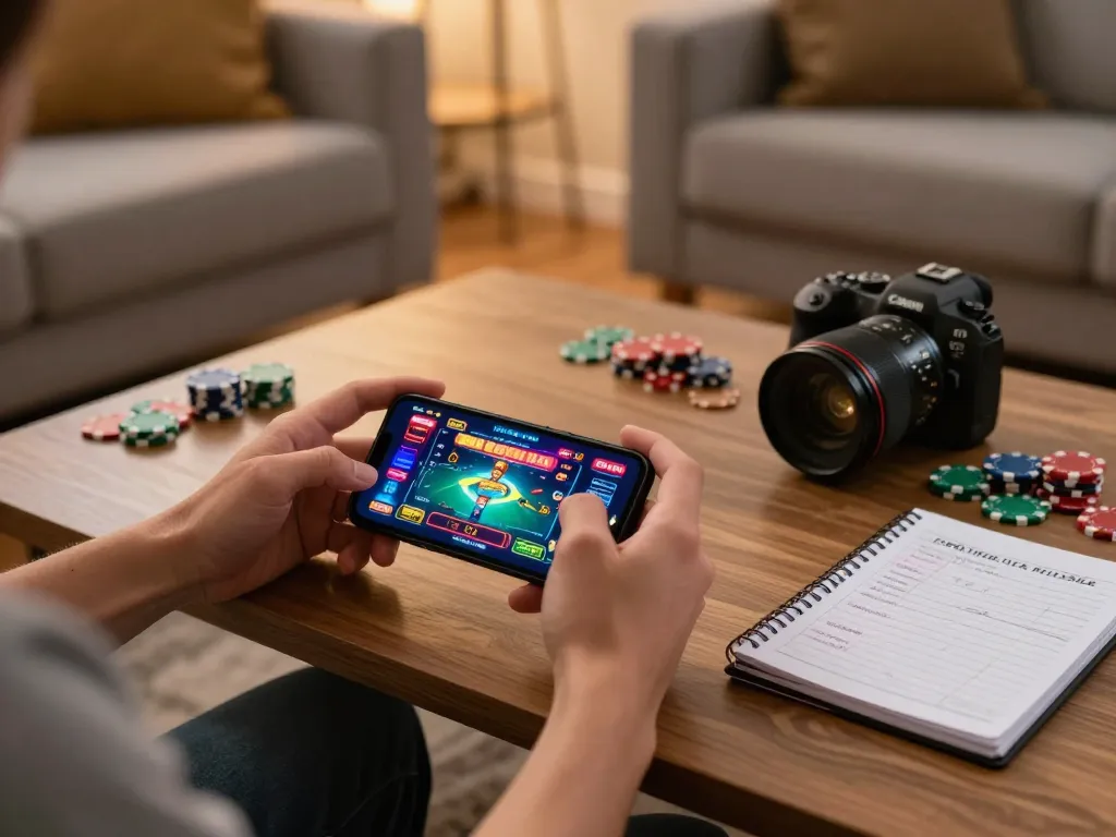 Engaging in mobile casino gaming on smartphone, showcasing https://5g28.com/ interface in a cozy setting.