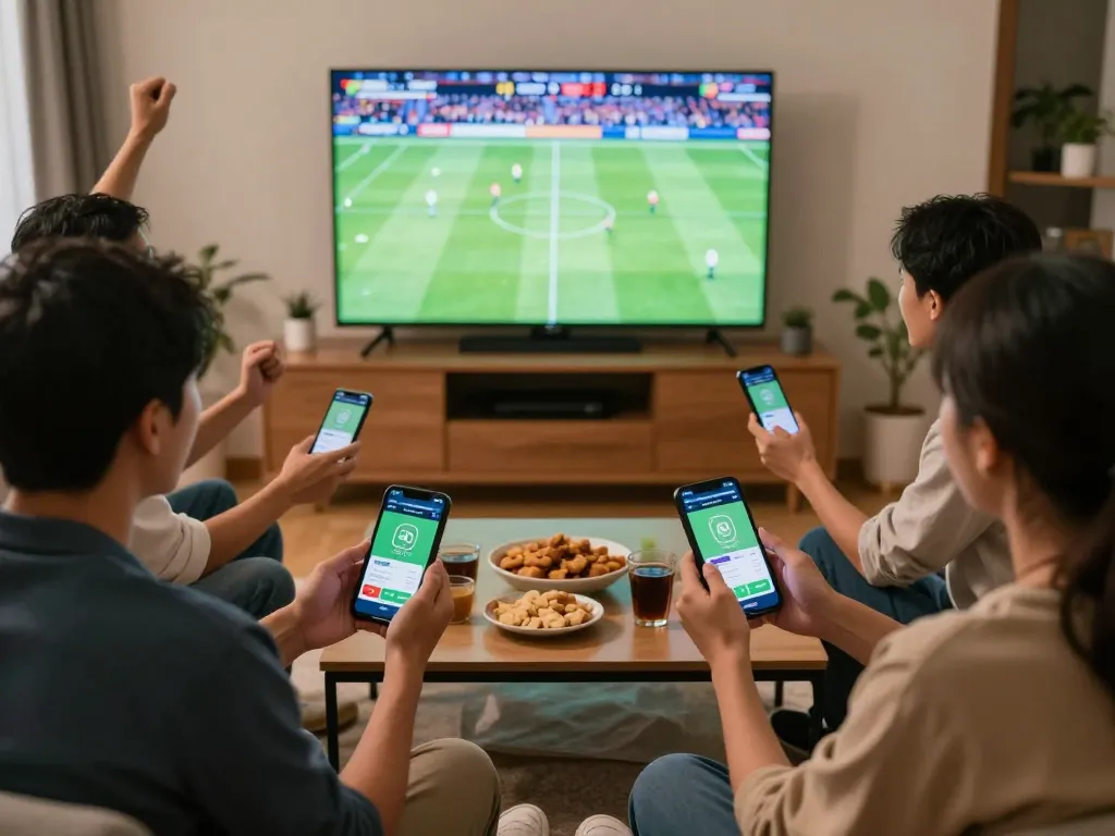 Engaged friends checking soi kèo on sports betting app during live football match