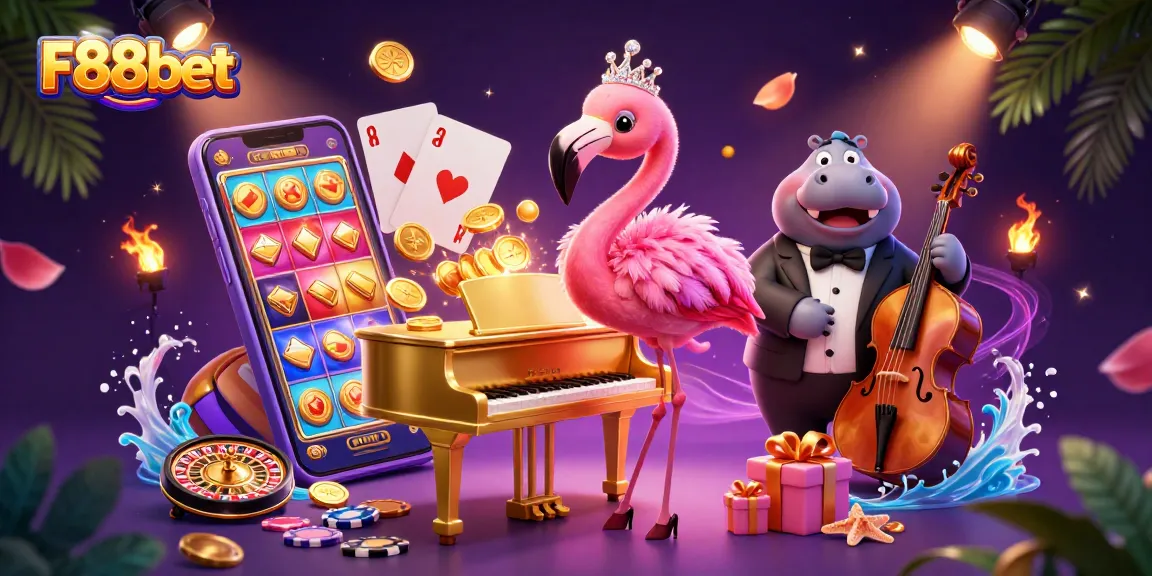 Experience the excitement at F88bet with vibrant casino illustrations featuring lively characters and dynamic game elements.