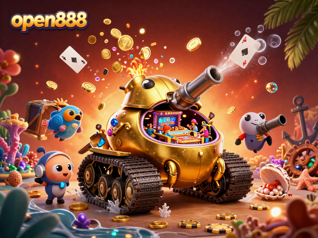 Experience thrilling gameplay at open888 with a vibrant 3D casino scene bursting with action.